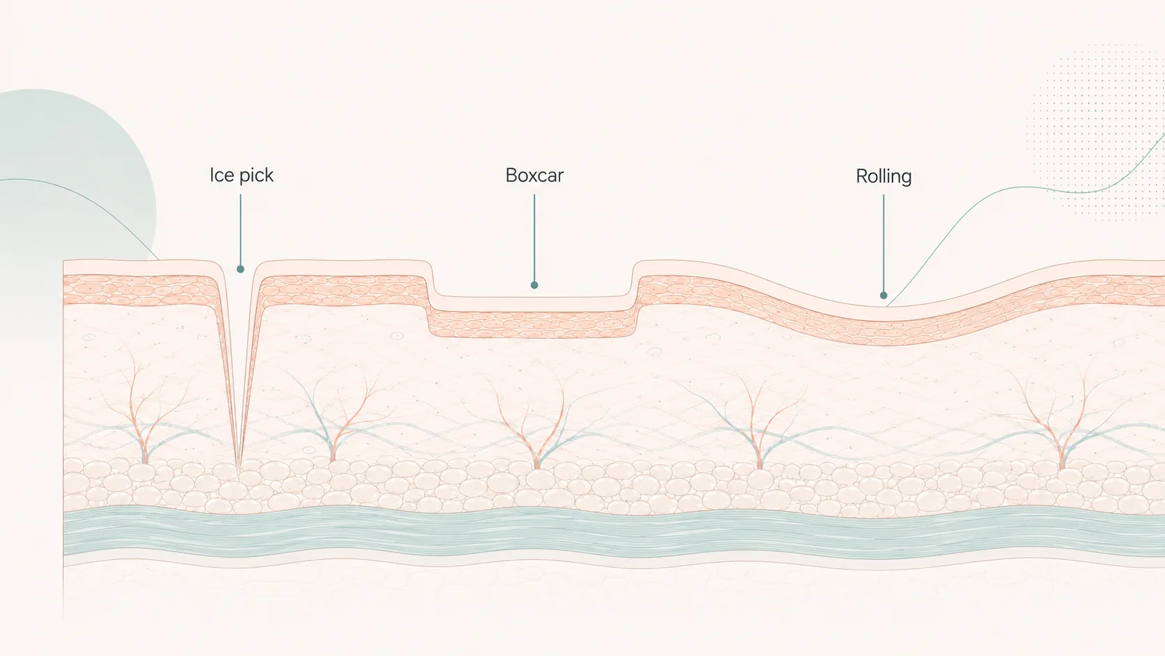 Cross-section of skin comparing three atrophic acne scar shapes — a deep narrow ice-pick scar, a wide sharp-edged boxcar scar, and a broad shallow rolling scar.