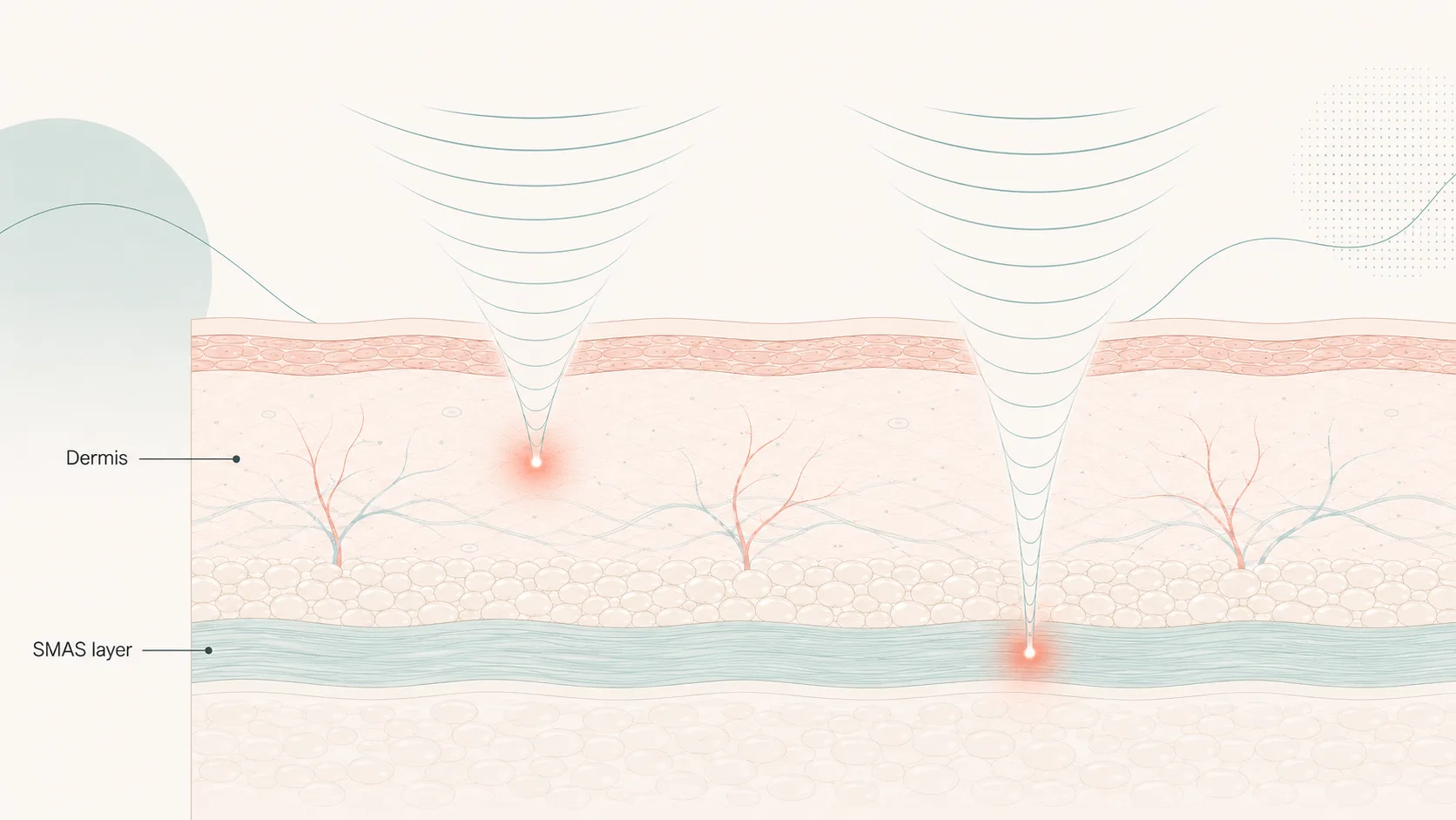 Cross-section of skin showing two focused-ultrasound points at different depths — one in the dermis and one deeper at the SMAS layer, with the layers labelled.