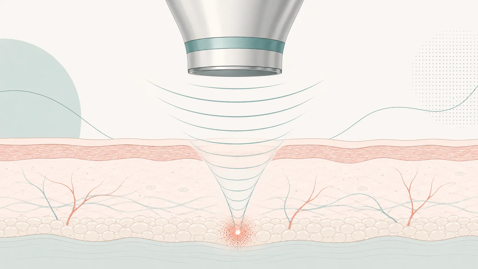 Illustration of a HIFU device focusing ultrasound waves to a single point beneath the skin surface.
