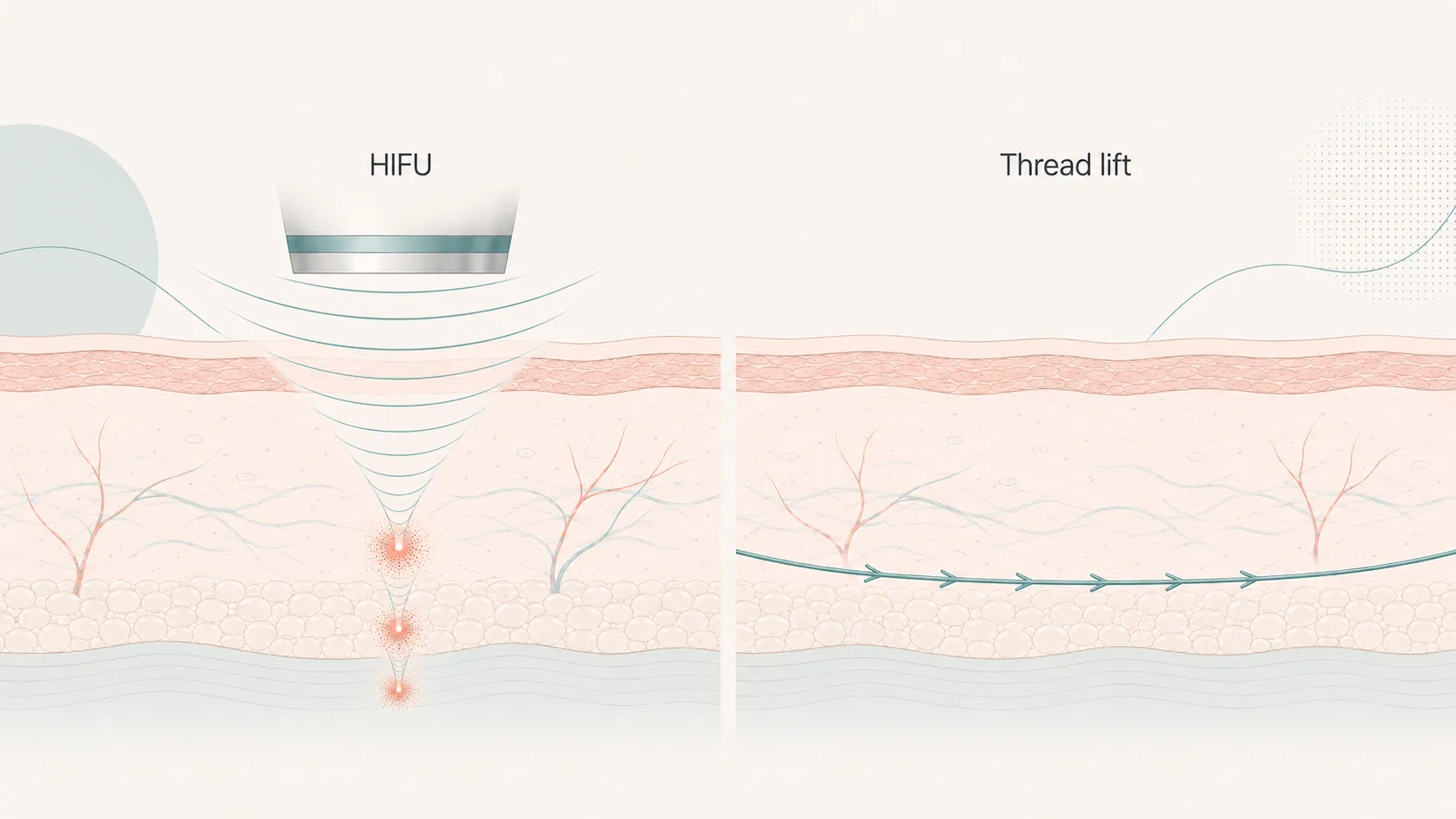 Side-by-side cross-section comparing HIFU, which heats focal points beneath the skin, with a thread lift, which places an absorbable barbed thread under the skin.