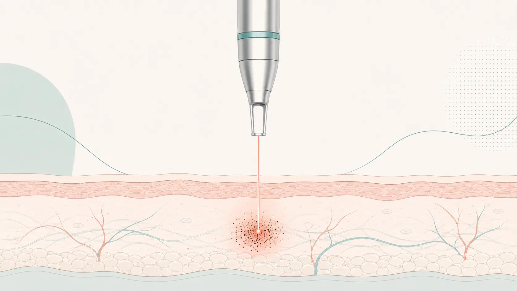 Illustration of a picosecond laser handpiece delivering a focused beam into a cross-section of skin, shattering a cluster of pigment in the dermis.